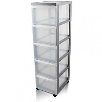 Iris Ohyama Design Chest DC-305, Torre de Almacenamiento con Ruedas de 5 cajones Chest-DC-305, Plata/Transparente, 75 L, 39 x 29 x 101,5 cm, Plastic