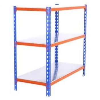 Estantería Metálica Simonclick Superplus 3 Baldas 1000x1100x500 mm, Capacidad de Carga 200 kg, Color Azul/Naranja/Galvanizado