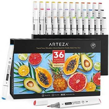 Arteza Everblend Rotuladores de arte, set de 36 colores, Tonos Trópicos, tinta a base de alcohol, doble punta