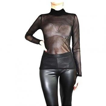 Muse - Camiseta transparente para mujer, manga larga, de tul negro 38