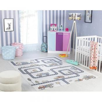 Alfombra Infantil Lavable OSAKA, Rectangular, 120x170 cm, 6 mm de Altura, Beige/Gris