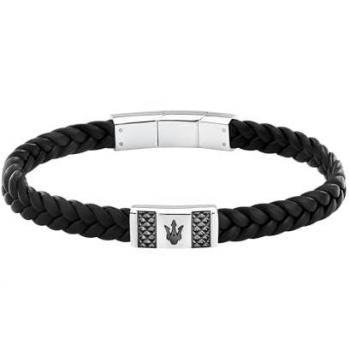 Pulsera de Hombre Maserati en Acero y Cuero Reciclado, Color Plateado, 19+1 cm