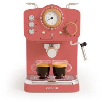 Cafetera Express Semiautomática Thera Retro Terracota Mate y Madera 20 Bares 1,25L con Vaporizador y Brazo Doble Salida