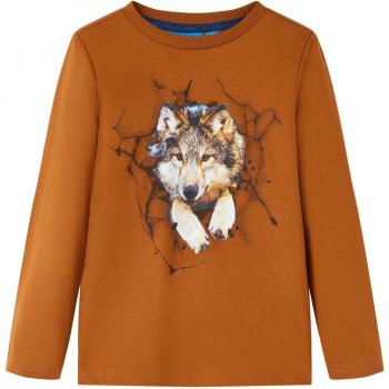 Camiseta para Niños de Manga Larga Estampado de Lobo Color Coñac 128