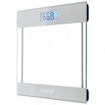 Amazon Brand – Eono Báscula de Baño Digital ultrafina de vidrio templado para el baño con sensores de alta precisión, tecnologíastep-on y pantalla con luz, sistema de unidades: kg/lb/st