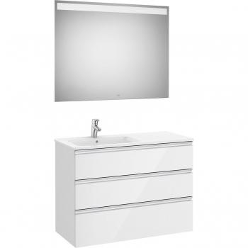 Conjunto de mueble de baño Roca The Gap con 3 cajones, lavabo a la izquierda y espejo con luz LED, color blanco brillo