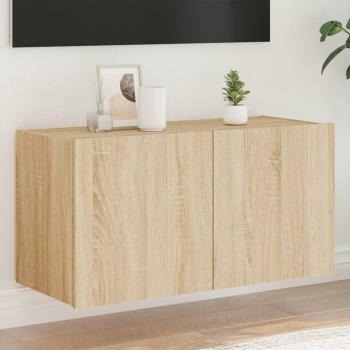 Mueble de TV de pared con luces LED 80x35x41 cm en roble Sonoma, color marrón, ideal para salón