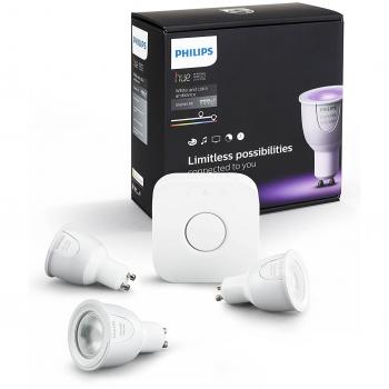 Philips Hue White and Color - Kit de 3 bombillas LED GU10 y puente, 6,5 W, iluminación inteligente, 16 millones de colores, compatible con Apple HomeKit y Google Home