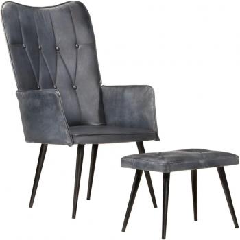 Sillón orejero de respaldo alto con reposapiés en cuero genuino gris