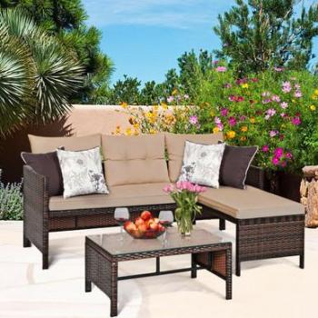 Patio Rattan Wicker Conversation Sofa Set - 3-piece Contemporary Rattan and Steel Patio Sofa Set in Brown/Beige