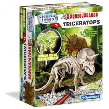 Clementoni - Arqueojugando Triceratops fosforescente - juego científico para excavar y montar dinosaurios a partir de 7 años, juguete en español
