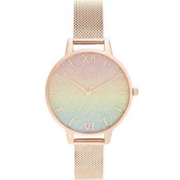 Olivia Burton Rainbow Glitter Midi Dial Rose Gold Mesh Women's Watch