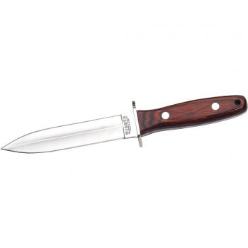 Electropolis Cuchillo de Monte Enterizo Joker Cebra, virola INOX, con Funda de Cuero, cachas de Madera roja y Hoja Doble Filo de 15 cm, 270 gr, CR43 + Tarjeta Multiusos de Regalo