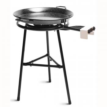 Set Paellero de Gas Triple Fuego 60-40-20 cm + Paellera Esmaltada 65 cm 22 Raciones + Soporte 3 Patas L3, Trípode Robusto Aguanta hasta