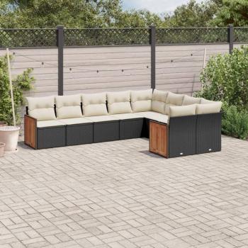 9-Piece Black Poly Rattan Garden Sofa Set with Cushions