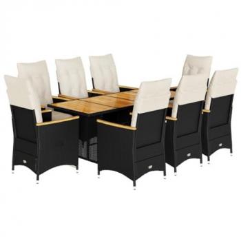9-Piece Black Poly Rattan Garden Bistro Set with Cushions