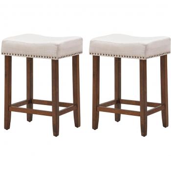 Set de 2 Taburetes Alto Saddle con Tachas de Latón, Cojín en Esponja y Patas de Madera Goma Beige 43 x 33 x 61 cm