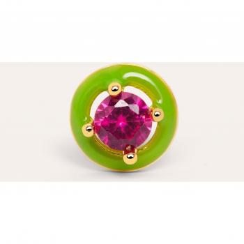 Pendiente Suelto Singularu Green Pop Baño Oro - Pendiente en Latón con Acabado Baño de Oro de 18 Kt y Circonita Central - Cierre de Silicona - Joyas para Mujer