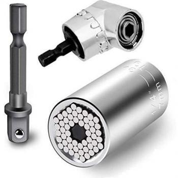 Llave de trinquete multifunción profesional, llave de tubo hexagonal pequeña de 7 a 19 mm + puntas de destornillador, 1 adaptador de broca de ángulo recto a 105 grados