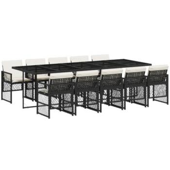 Set de comedor jardín 11 pzas con cojines ratán sintético negro