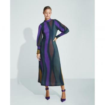 Trucco - Elegante vestido midi de punto estampado con manga larga y cuello perkins