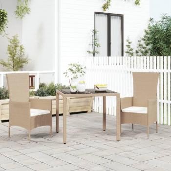 Mesa de jardín de polyrattan beige con superficie de vidrio templado