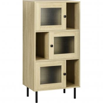 HOMCOM Estantería Librería Elegante con 3 Puertas de Vidrio y Patas de Acero, Almacenamiento Abierto, Dimensiones 60x40x120 cm, Material Madera Natural