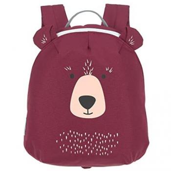 Mochila pequeña Lässig About Friends Osito Granate con diseño de oso, fabricada en materiales sostenibles, compartimento principal espacioso, bolsillos laterales para botellas, correas ajustables y acolchadas, ideal para niños