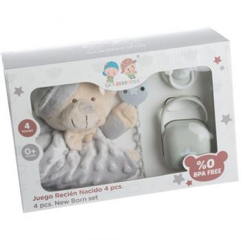 Juego Infantil Doudou y Chupete con Accesorios Grises 4 Piezas - Incluye Dou Dou, Chupetero, Chupete y Cadena Gamberritos, Personalización de Nombre Bordado en Dou Dou