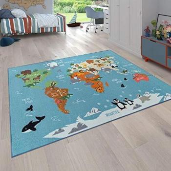 Alfombra Infantil Mapamundi Animales Colorida Ø 200 cm Redonda en Verde, Alfombra de Juego para Habitaciones Infantiles