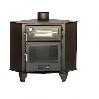 Estufa de Leña Rinconera con Horno 8 kW Modelo Azuer - Joima, incluye bandeja de acero inoxidable para asados