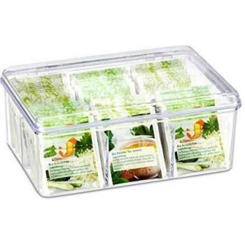 Caja Organizadora de Té y Tisanas, 6 Compartimentos, Capacidad para 90 Bolsitas, con Tapa Abatible, Protección de Aroma, Dimensiones: 9 x 21,5 x 14,5 cm