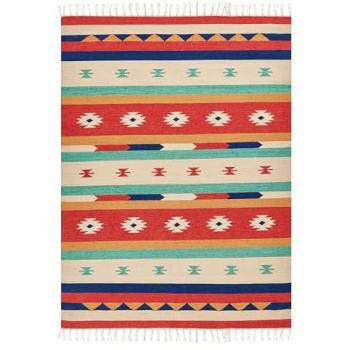 Alfombra Kilim Multicolor de Algodón 140 x 200 cm, Tejida a Mano, Patrón Geométrico Reversible con Borlas