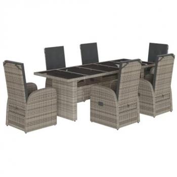 Set comedor jardín 7 piezas con cojines de ratán sintético gris