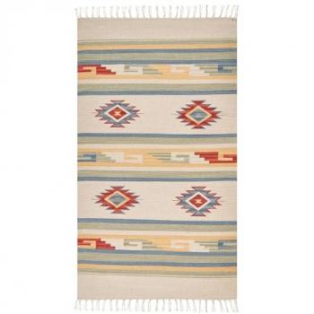 Alfombra Kilim de Algodón Beige/Azul/Rojo 80 x 150 cm Hecha a Mano con Motivo Geométrico y Borlas