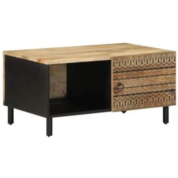 Mesa de centro madera maciza de mango rugosa negro 80x50x40 cm