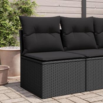 Silla de jardín sin apoyabrazos con cojines de ratán PE negro y almohadas negras