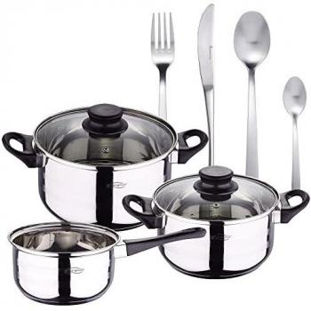 PACK BATERÍA DE COCINA 5 PIEZAS + SET DE CUBERTERÍA 16PC EN ACERO INOXIDABLE