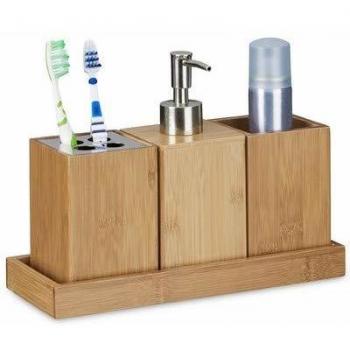 Set de Accesorios para Baño de Bambú 4 Piezas: Soporte para Cepillo de Dientes, Dispensador de Jabón, Plato para Jabón, Natural