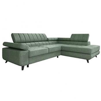 Sofá rinconero Comfivo 207, verde, con función de descanso y caja de ropa de cama, dimensiones 264x203x73cm