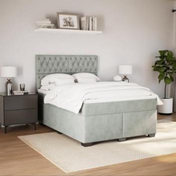Cama box spring con colchón de terciopelo gris claro 140x190 cm