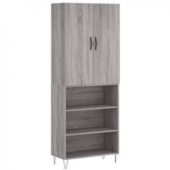 Aparador alto de madera contrachapada gris sonoma 69,5x34x180 cm con 3 estantes, armarios con puertas y cajón de madera, mueble de almacenaje moderno para salón