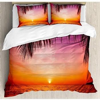 Juego de sábanas tropicales de 3 piezas Juego de funda nórdica, Exótico atardecer sobre el mar Paisaje de Coconut Palm Tree Leaf Heaven Picture, Juego de fundas de edredón / Qulit de 3 piezas con 2 fu