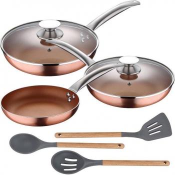 San Ignacio Set 5 Piezas Sartenes Aluminio Prensado Inducción + 3 Utensilios Silicona Madera