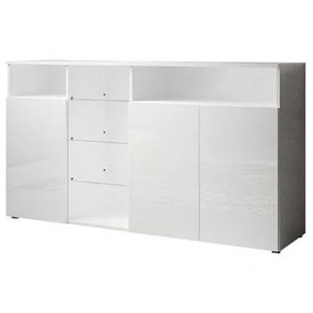 Aparador de salón LED 150x82x40cm Negro y Blanco Brillo Estante vidrio Modelo Bornova