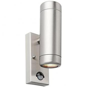 Lámpara de jardín y pared Odyssey, acero inoxidable cepillado, cristal transparente, 2 bombillas, 21.5 cm, con sensor de movimiento, IP44