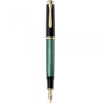 Pelikan Elegante pluma estilográfica de lujo linea Souveraen M400 - Rayas verdes / negras detalles bañados oro de 24 quilates - Plumín M de dos tonos de oro - Made in Germany 985812