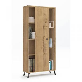 Librería Kamet con puerta corredera, 1 puerta corredera, 5 estantes, patas negras, color roble gold, estilo industrial, dimensiones 180x80x33 cm (alto x ancho x fondo), elegante y resistente