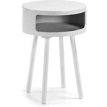 Kave Home - Mesa Auxiliar Kurb Blanca Redonda Ø 46 cm con Patas de Madera Maciza de Caucho y Estante Interior