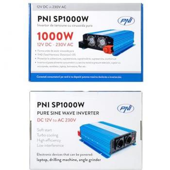 Inversor de corriente PNI SP1000W 12V a 230V con sinusoide pura, fuente de alimentación de 12V, capacidad de 1000W, incluye 2 x tomas Schuko